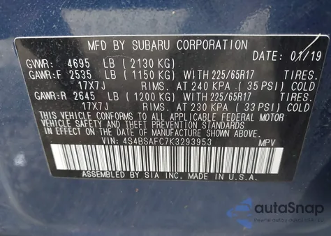 2019 Subaru Outback 2.5I Premium z USA, uszkodzony, nr VIN 4S4BSAFC7K3293953